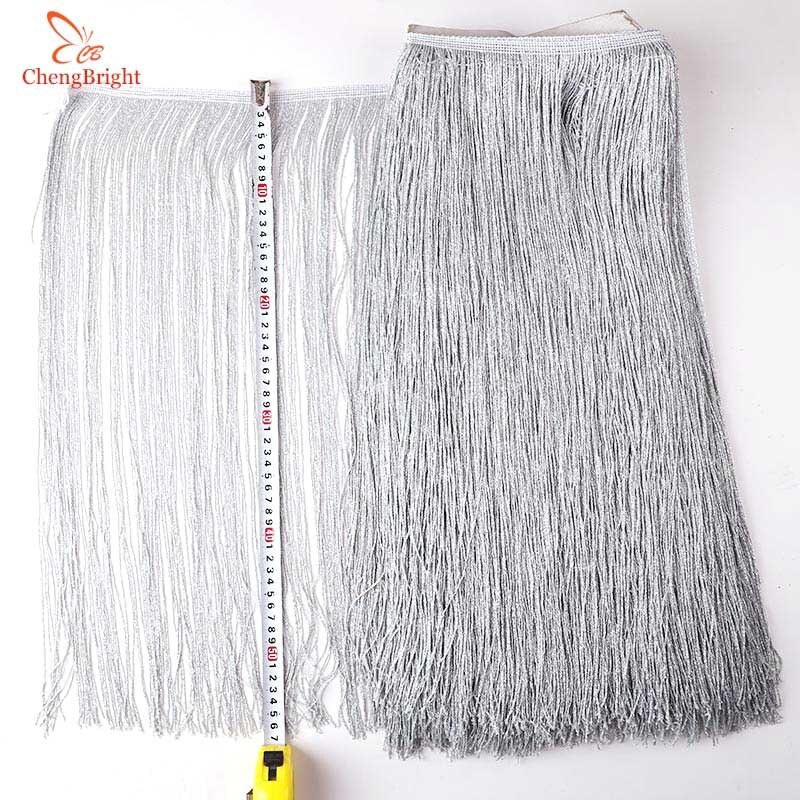 CHENGBRIGHT-adorno de flecos de encaje de seda plateada, accesorios de ropa de escenario, flecos, flecos, 1 yarda, 50cm de ancho