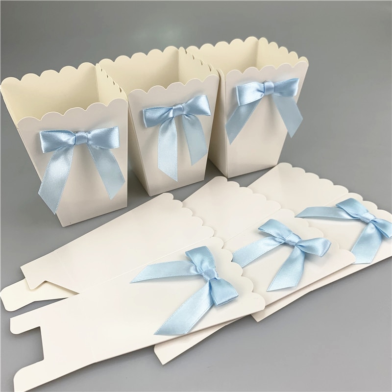 Mini cajas de papel para palomitas con lazo caja para recuerdos de Baby Shower, de cumpleaños, recuerdos, artículos para mesa, color rosa/Azul, 6 uds.