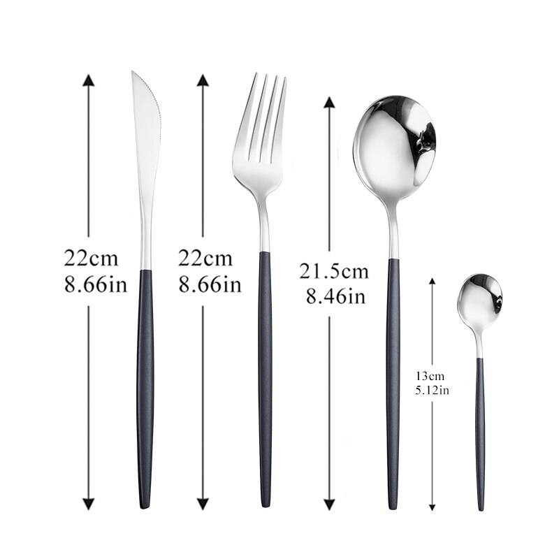 Kök rosa bestick servis set 304 rostfritt stål bestick hem gaffel sked kniv middag set lyx bestick set: Svart silver