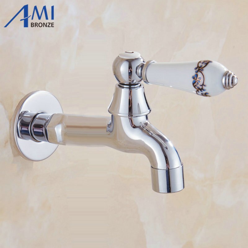 Chrome Polish Copper Faucet Porcelian/Jade Handle Garden Bibcock Washing Machine Faucet Outdoor Faucet Single Cold Tap 1015C