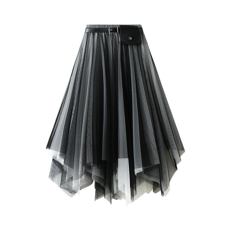 Jupe Tutu mi-longue décontractée pour femmes, couleur unie, taille haute, avec ceinture, poches irrégulières, Simple, élégante, en Tulle, printemps automne, 2022: Black White