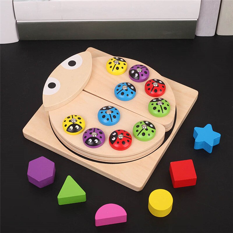 Baby Wooden Toys Ladybug Game Multicolour Shape Block Learning Educational Toys Multicolour Shape Block Table fish Game