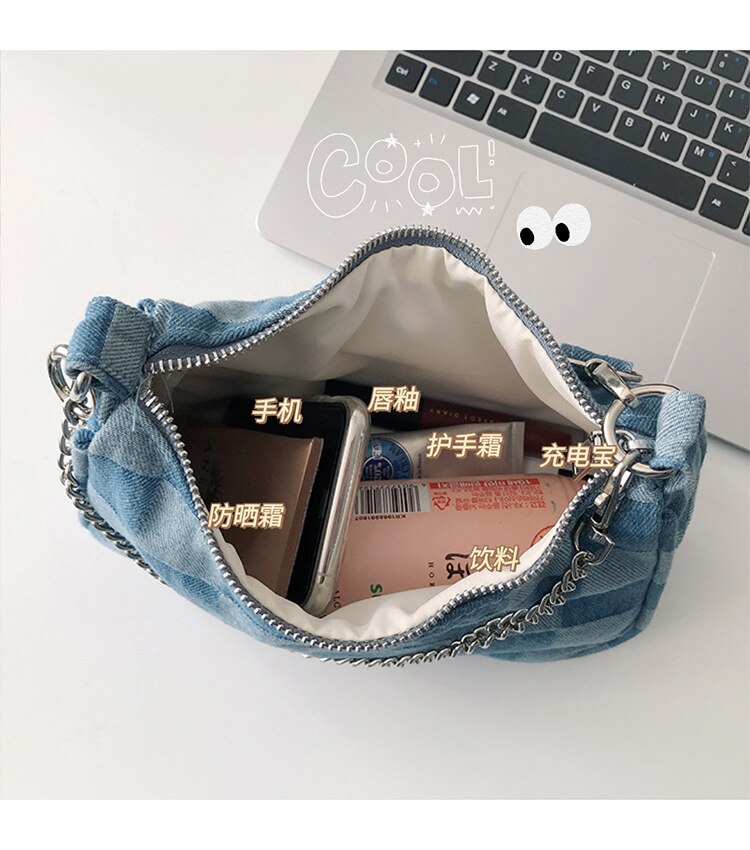 Einfache Plaid Frauen Denim Hobos Schulter Taschen Damen Kette Unterarm Tasche Jahrgang Weiblichen Tragbare Geldbörse Handtaschen