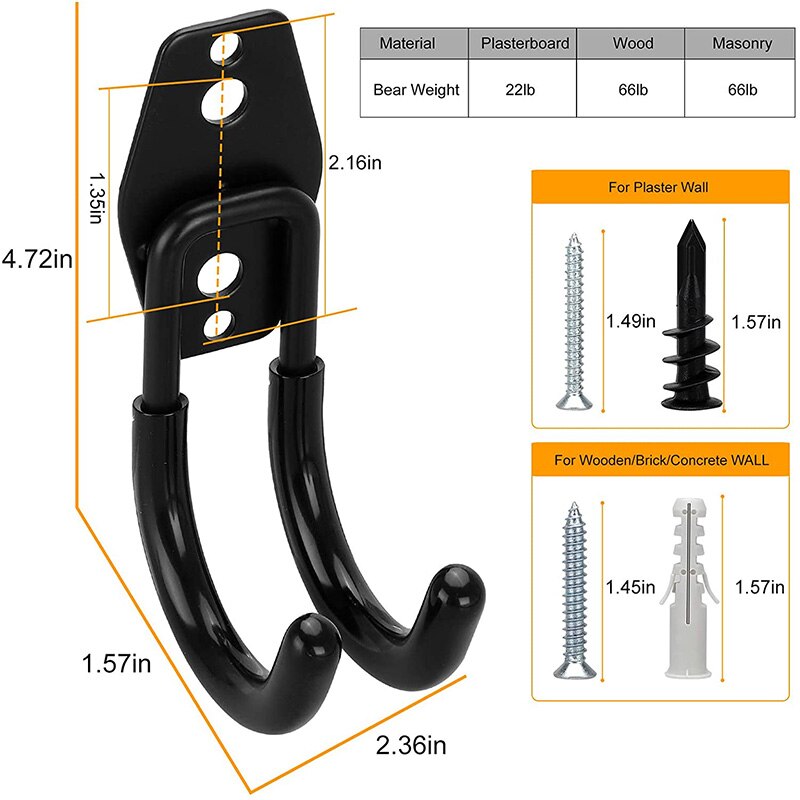 Garage Opslag Utility Dubbele Haken, zware Hangers Muurbevestiging Houder J Haak Garage Organizer Voor Power Tools(4 Stuks)