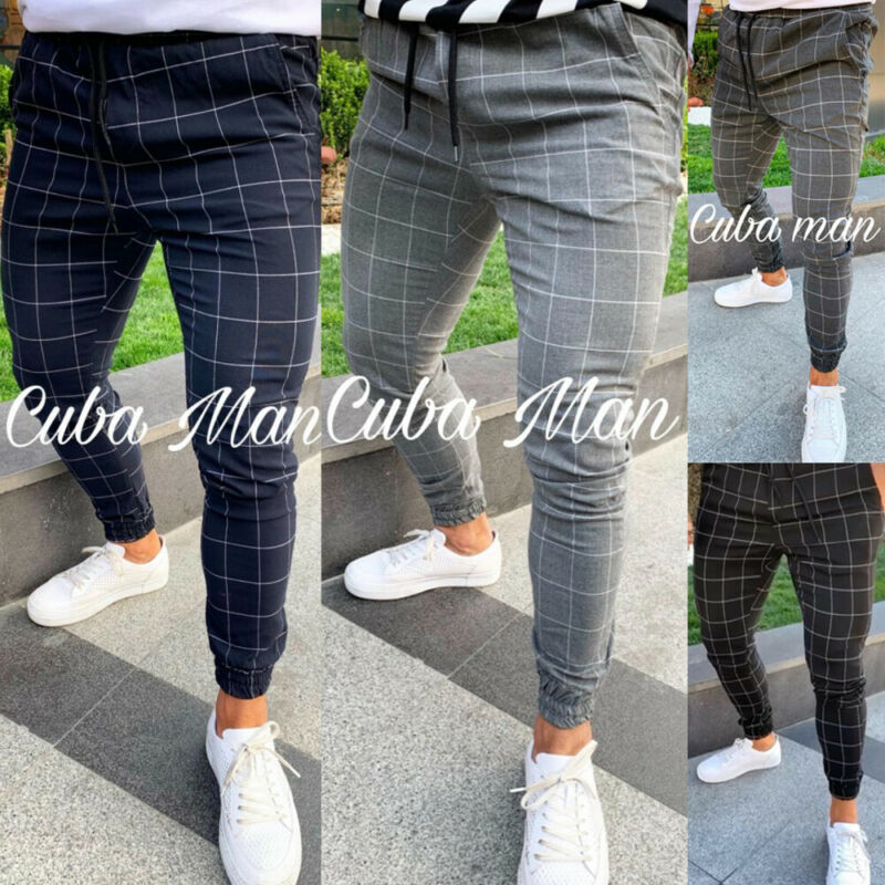 Pantalon de survêtement à carreaux pour homme, bas de jogging moulant, Streetwear, à la