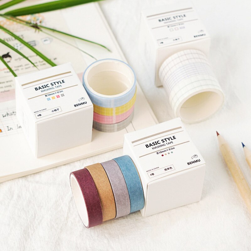 4 Stks/set Effen Kleur Washi Tape Set Leuke Masking Tape Kawaii Decoratieve Plakband Grid Washi Tape Scrapbooking Stok Label