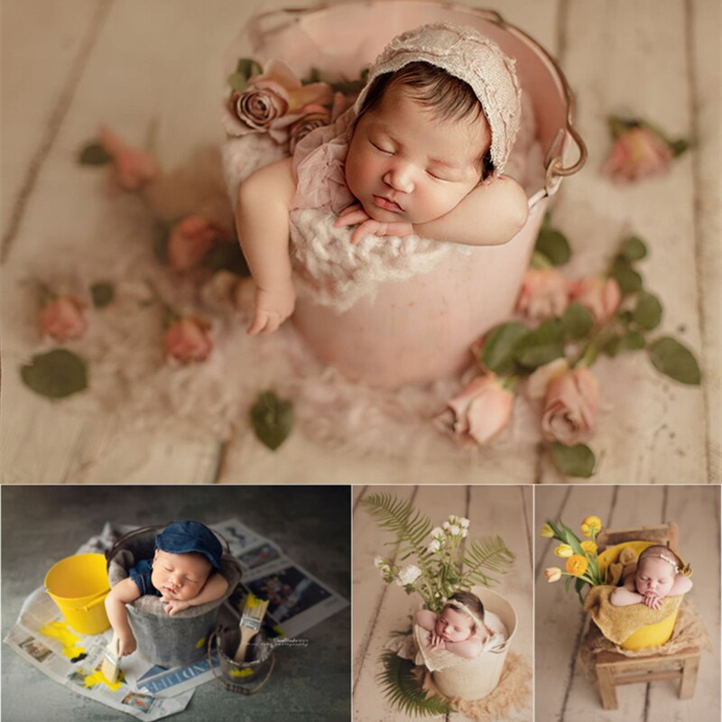 Dvotinst Newborn Baby Photography Props Vintage Iron Posing Bucket Retro Old Container Accessories Studio Shooting Photo Props