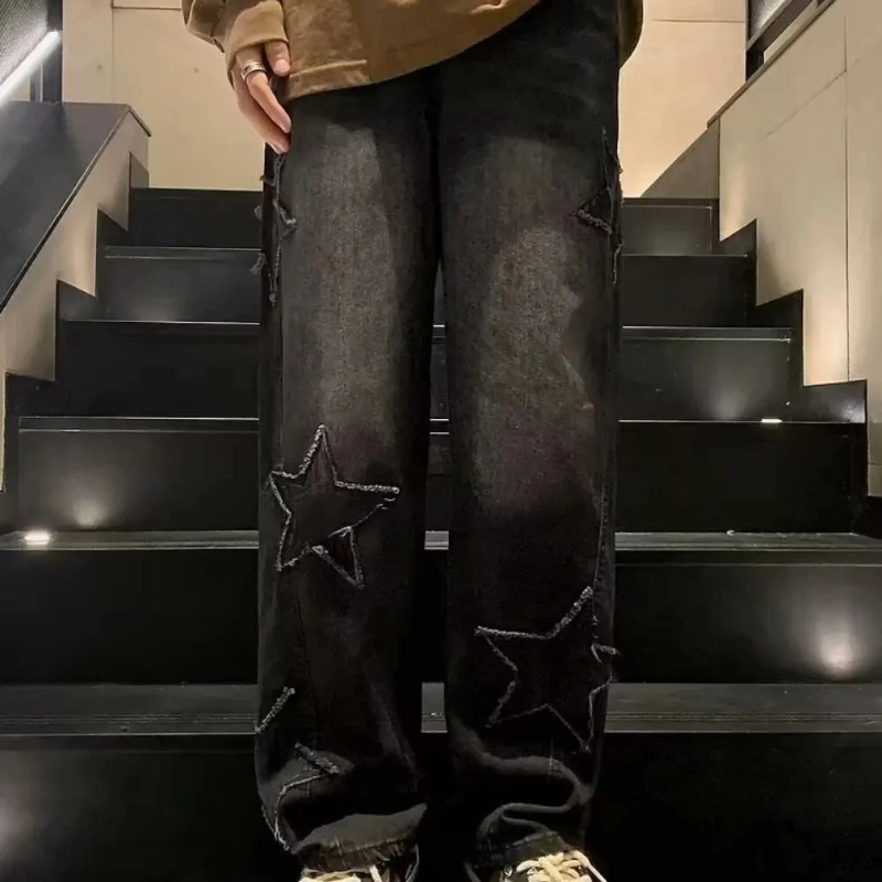 Y2k- stjernet broderi baggy casual jeans til mænd gotisk neutral brede ben lige bukser hiphop ungdom street denimbukser