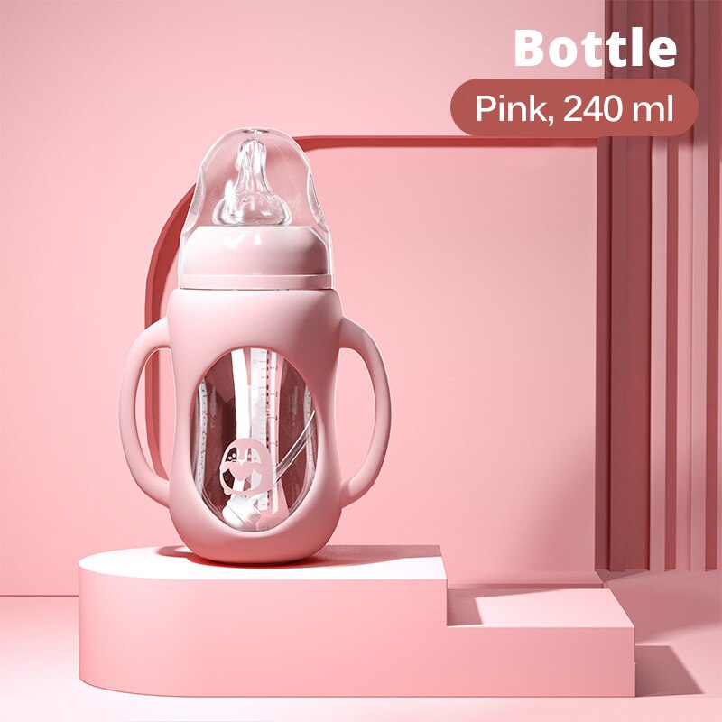 Baby flasche Glas Dual Verwenden und freundlicher Trinkbecher Flasche Griff Griff für Natürliche Breite Mund PP Glas Silikon griff: Rosa 240ML