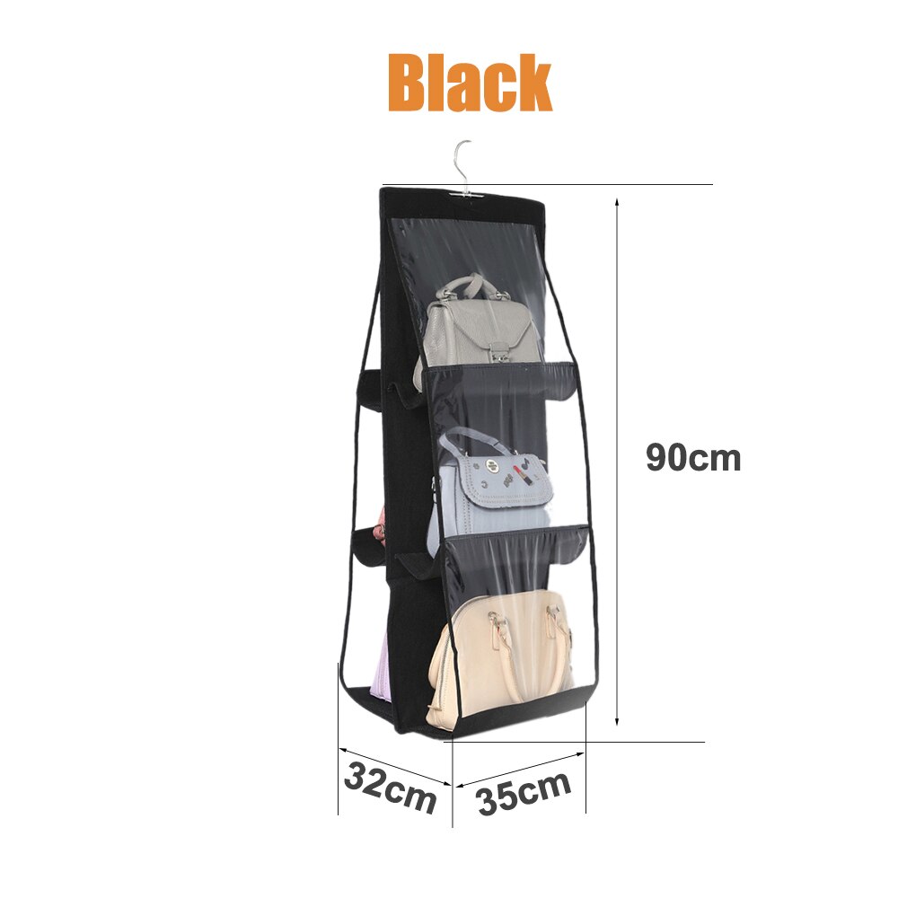 6 Pocket Foldable Hanging Bag 3 Layers Folding Shelf Bag Purse Handbag Organizer Handbag Storage Hanging Door Pocket Closet Hang: Black