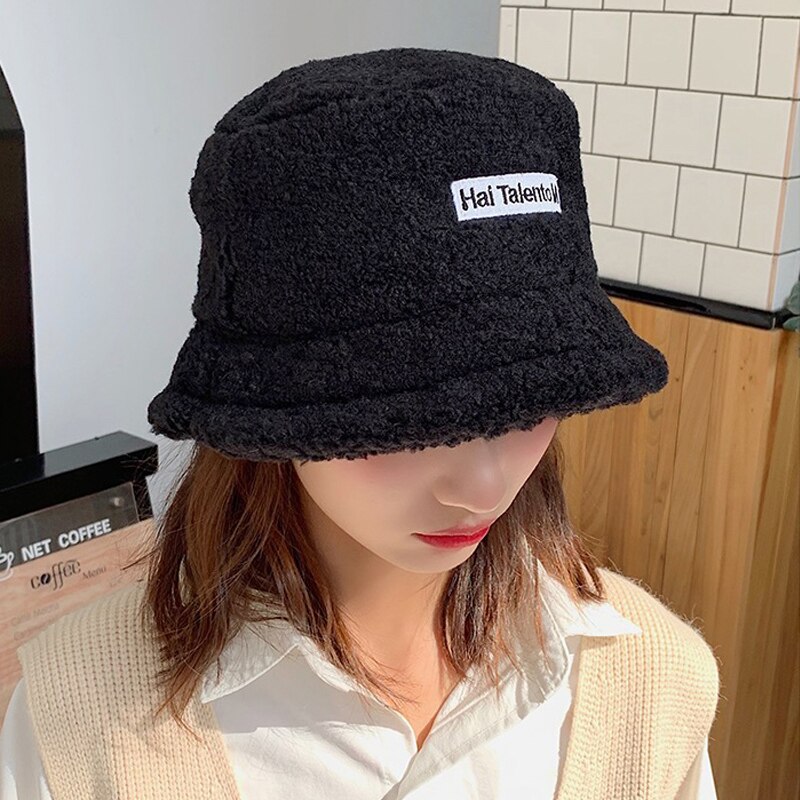 Winter Autumn Thick Warm Soft Lamb Wool Women Bucket Hat Solid Color Female Ladies Flat Top Hat Beanie Bonnet