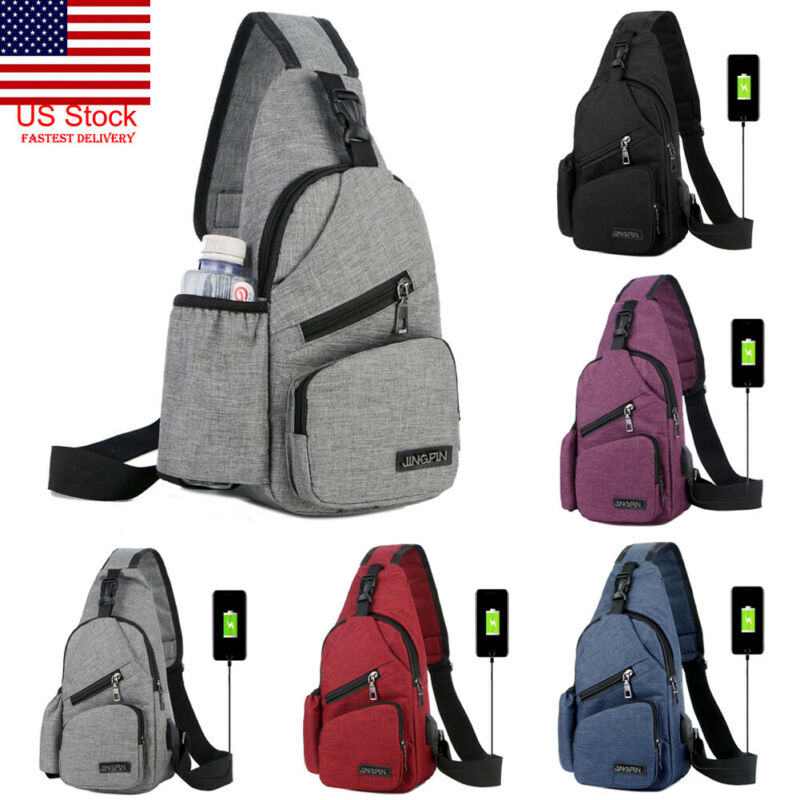 Lokale voorraad Mannen Vrouwen Schoudertas Sling Borst Pack USB Opladen Sport Crossbody Handtas