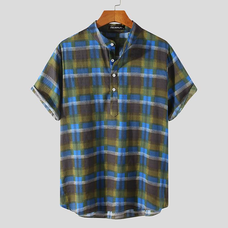 Chemisier en coton à boutons pour homme, Vintage, manches courtes, col montant, décontracté, ample, été , S-3XL: Blue / S