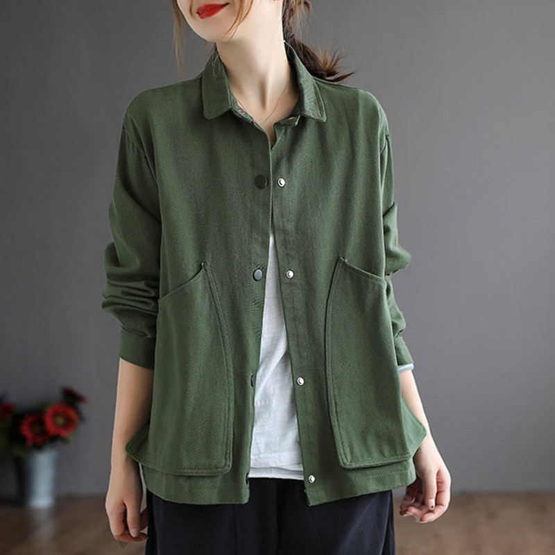 Vrouwen Lange Mouw Katoen Casual Jassen Herfst Vintage Stijl Turn-Down Kraag Losse Vrouwelijke Bovenkleding Jassen B1115
