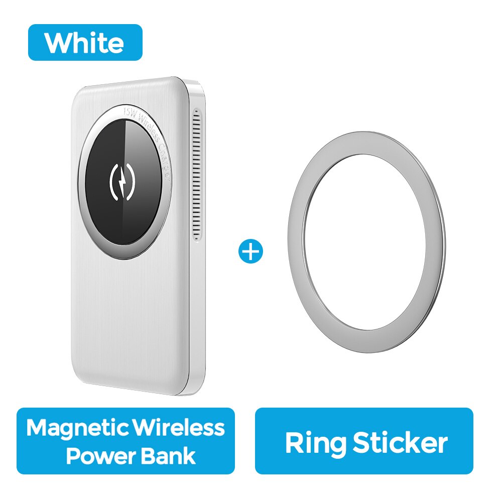 YKZ Magnetic Power Bank PD 20W Fast Charging 10000mAh 15W Wilreles Powerbank External Battery For iPhone12 Pro Max Samsung S21: White Iron Sticker