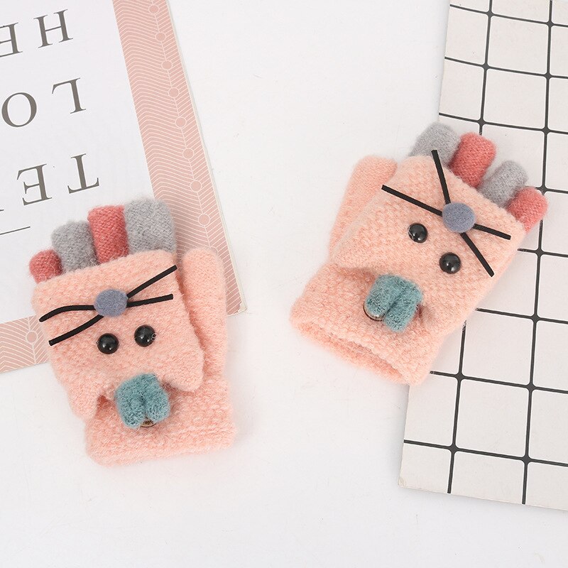 Kids Winter Warm Handschoenen Baby Wanten Leuke Cartoon Vingerloze Handschoenen Gebreide Flip Half Vinger Wanten Jongens Meisjes Kerstcadeaus: E