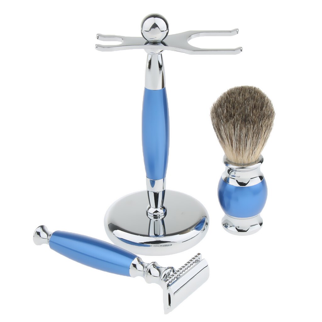 Traditional Luxury Grooming Shaving Set For Men - Including Double-sided Razors, Shave Brush, Alloy Stand Holder - Blue