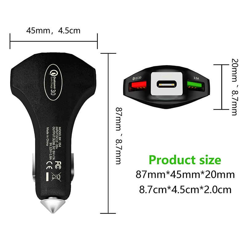 QC 3,0 Auto Telefon Ladegerät 7A Eine Für Drei Dual USB Schnelle Ladung Typ-C Sicherheit Hammer Auto Ladegerät für Samsung Huawei Schnelle Ladung