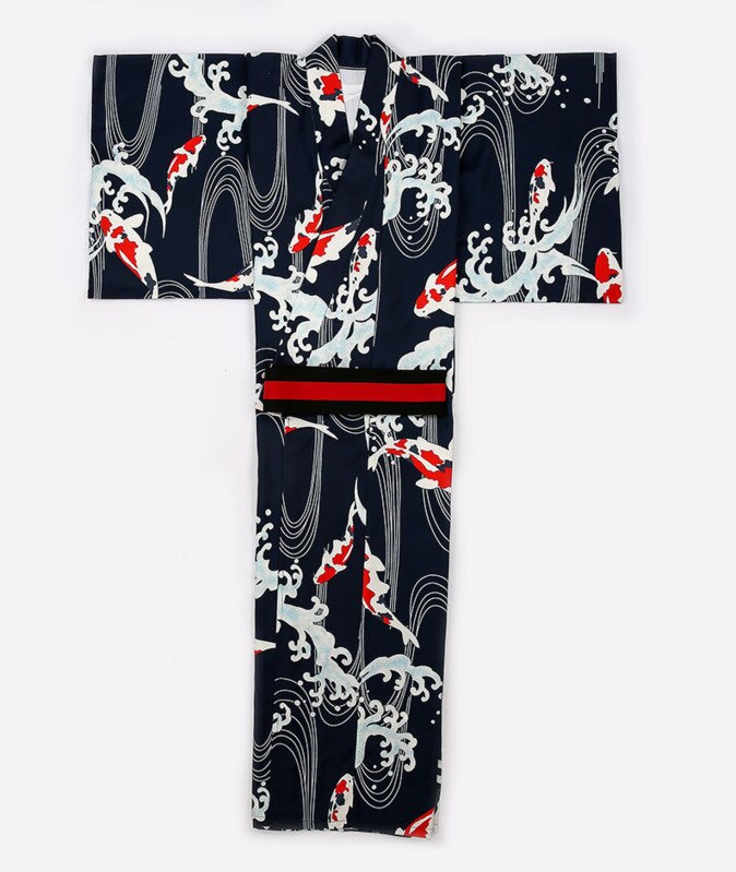 Summer Male Koi Fish Wave Kimono with obi Festival Traditional Bathrobe Dress Cosplay Samurai Kimono Costumes DH053