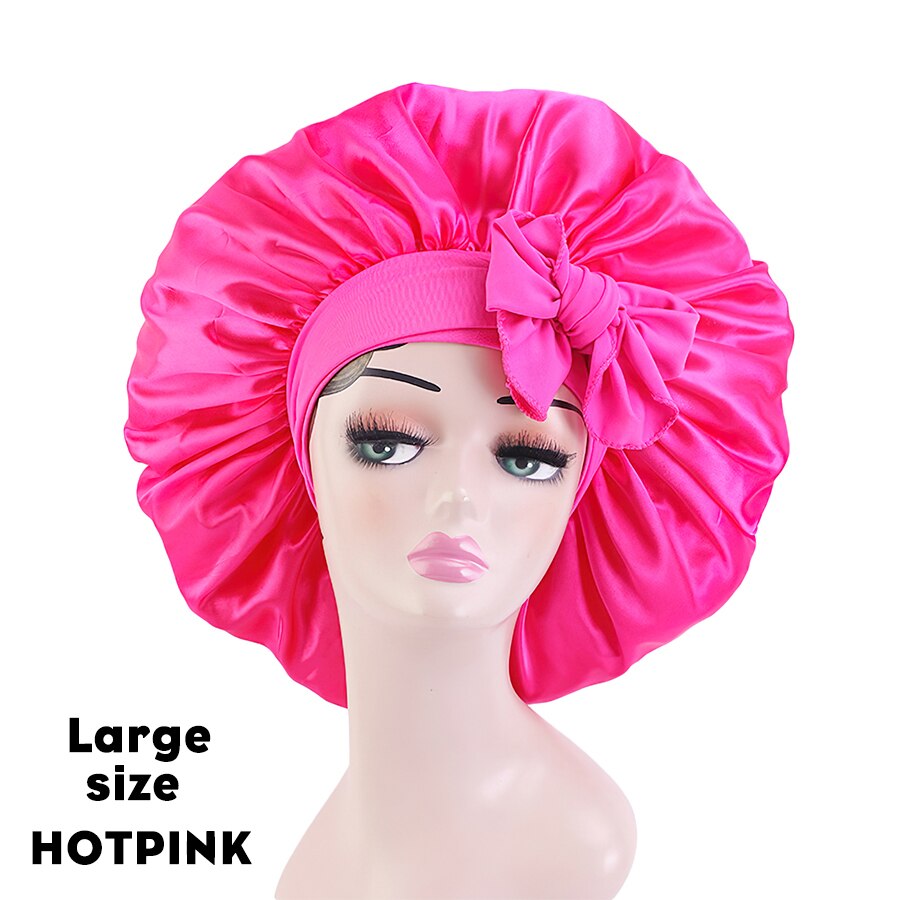 Satin Bonnet Silk Bonnet With Elastic Tie Band Large Adjustable Straps Hair Bonnet Jumbo Size For Sleeping Curly Braid Hair: L HOTPINK