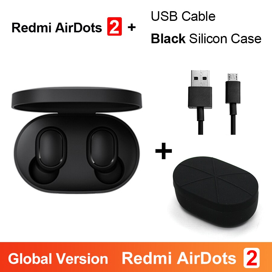 Original Xiaomi Redmi Airdots 2 TWS Bluetooth Earphone Stereo bass BT 5.0 Eeadphones AI Control With Mic Handsfree Earbuds: GB Cable Black Case