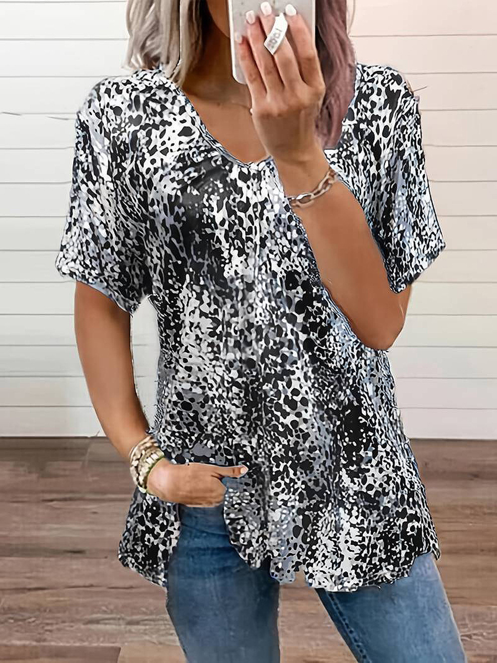 Veste Plissée à Manches Courtes et Imprimé Léopard, Grande Taille, pour l'Été, Europe et États-Unis: L / GRIS