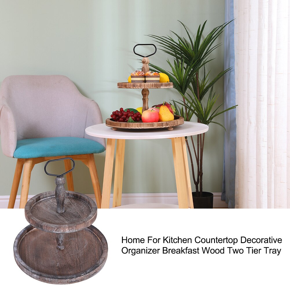 Home Countertop Two Tier Tray Decorative Organizer Breakfast Wood With Handle For Kitchen Store Fruit Snacks Cupcakes Easy Clean