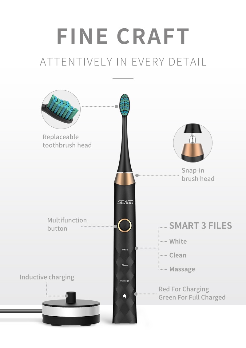 SEAGO-cepillo de dientes eléctrico sónico para adulto, recargable, inalámbrico, impermeable, automático, con 3 cabezales,