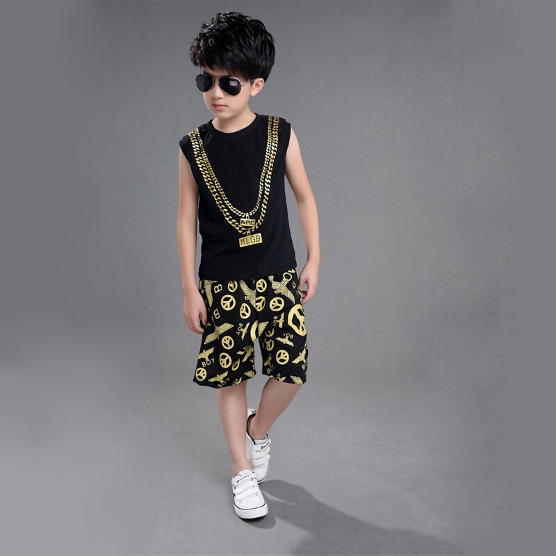 Children Boy Girl Sleeveless Black Gold Hip Hop Hiphop Ds Jazz Dance Costumes Ballroom Clothes Outfit