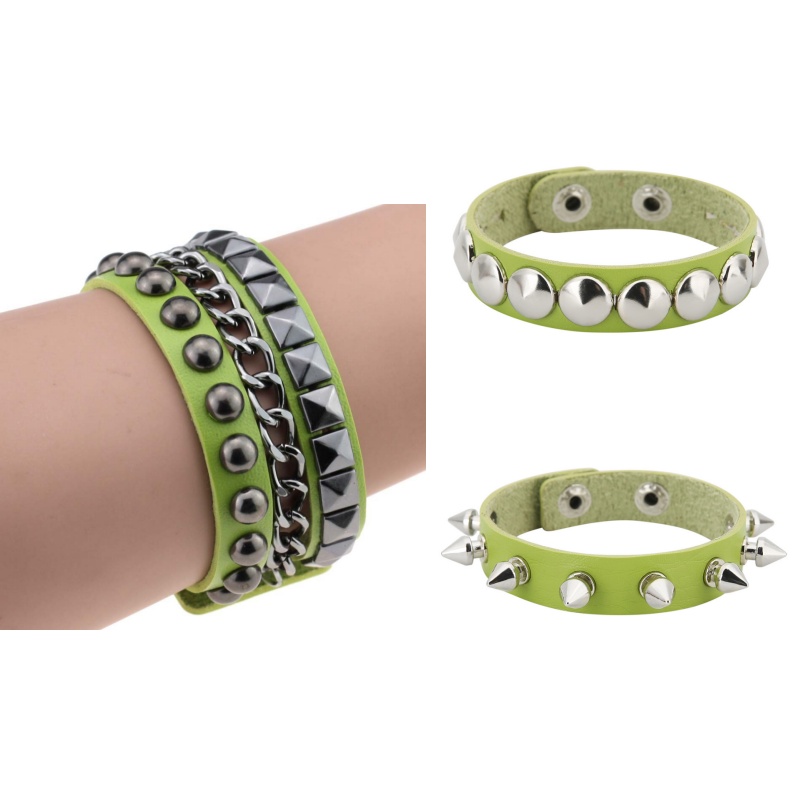 3PCS/Set Black Goth Emo Boho Bracelets For Men Women Punk Gothic Spike Rivets PU Leather Bracelet Bangles Party Jewelry: dark green