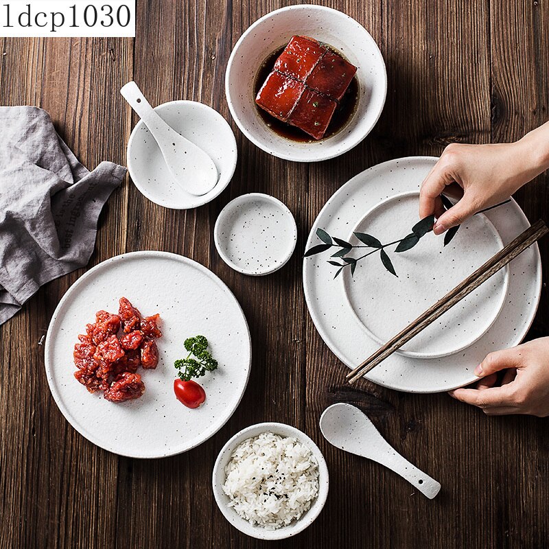 Japanese-style Tableware Set Bowls and Plates Round White Ink Point Dinner Plates Home Western Dishes Dinner Plates