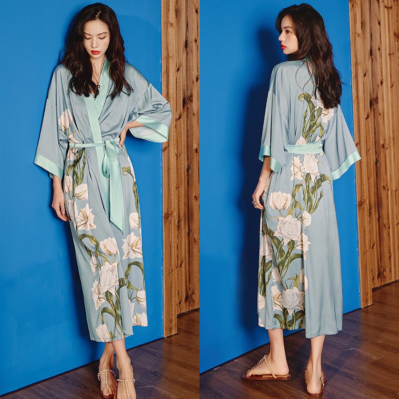 Albornoz tipo kimono largo con estampado de flores para mujer, bata de boda Sexy de media manga, camisón de rayón para primavera y verano, vestido para casa, ropa de dormir: Fucsia