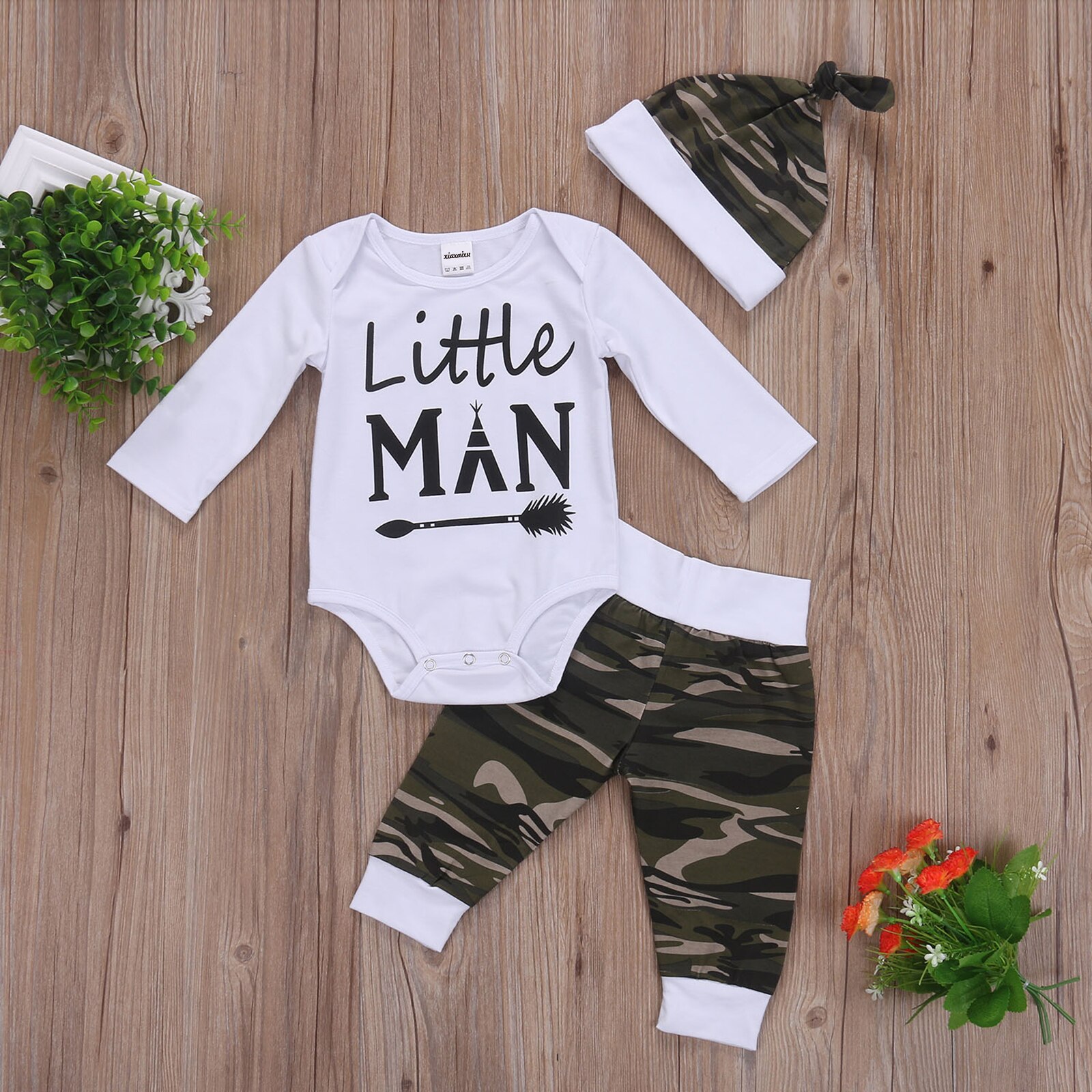 Nyfött spädbarn barn bebis pojke höstkläder camo toppar långärmade byxor hatt outfits set