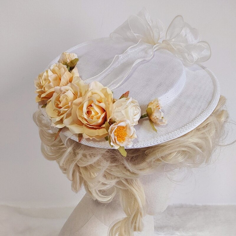 066C Exquisite Lolita Hat Flat Top Hat with Light Yellow Flowers All-match Bonnet Hat for Afternoon Pastoral Party Tea Party