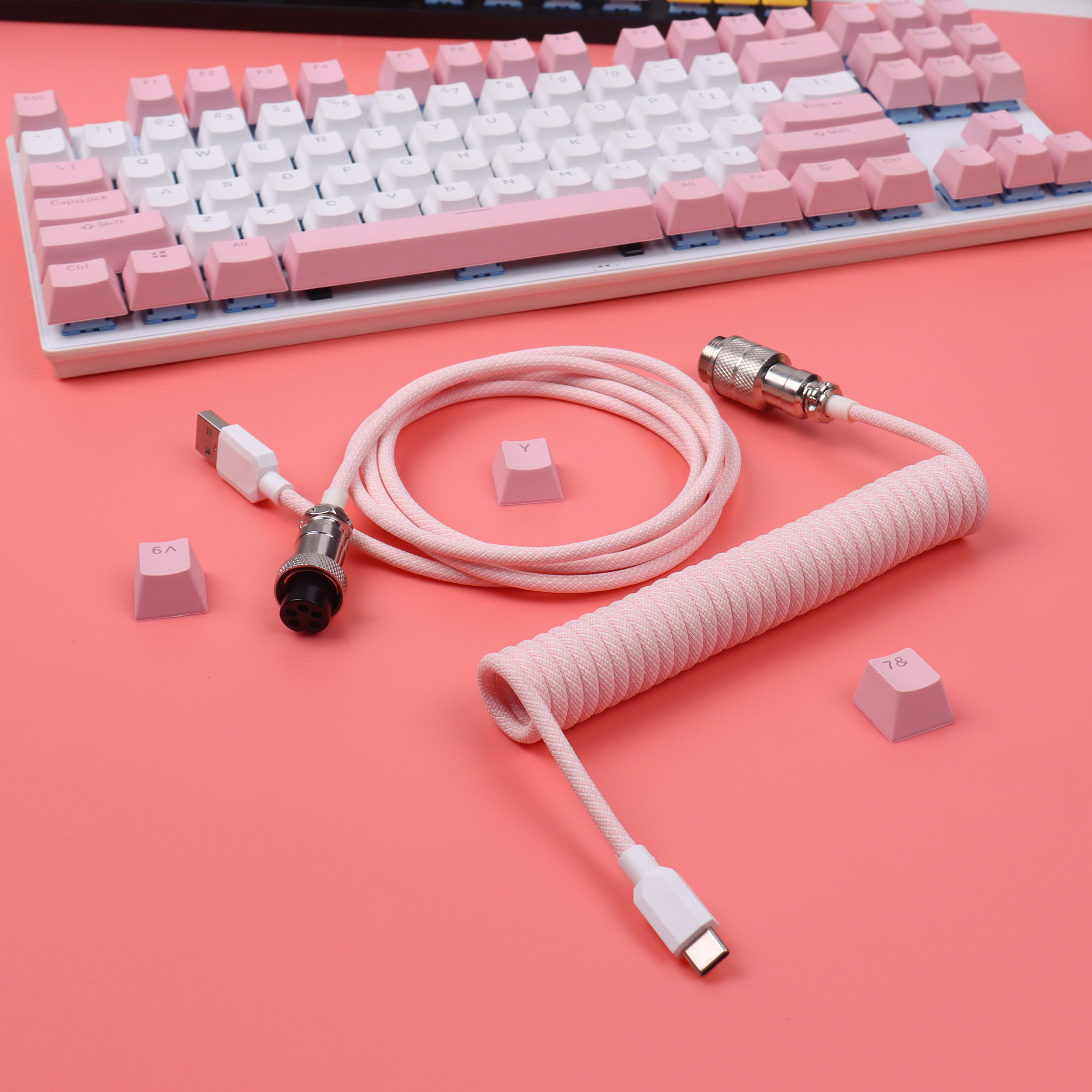 Lano 8 farvevalg macaron spiralkabel type-c til usb mekanisk tastatur data spiralkabel ledning med  gx16 luftfart: Lyserød