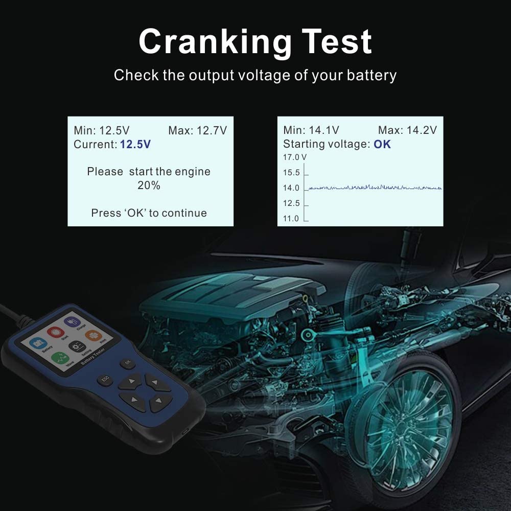 VEHICAR 12V Car Battery Tester Load Tester Cranking and Charging System Analyzer Tool R200 for Auto SUV Light Truck Motorcycle