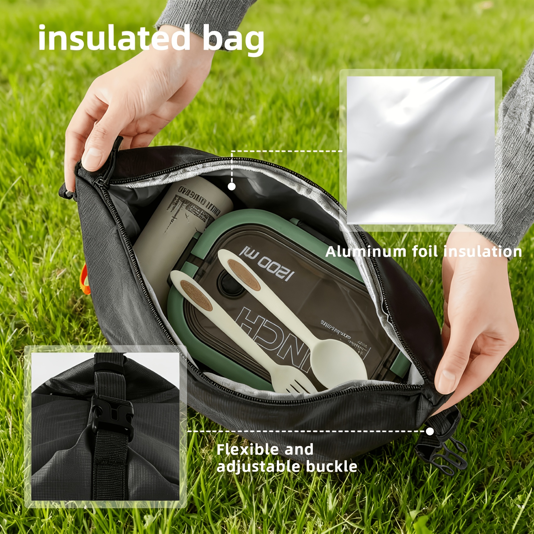Große Tragbare Isolierte Kühltasche aus Aluminium mit Reißverschluss für Wärmeerhaltung, draussen-Camping, Reisen und Tägliche draussen-Ausstattung