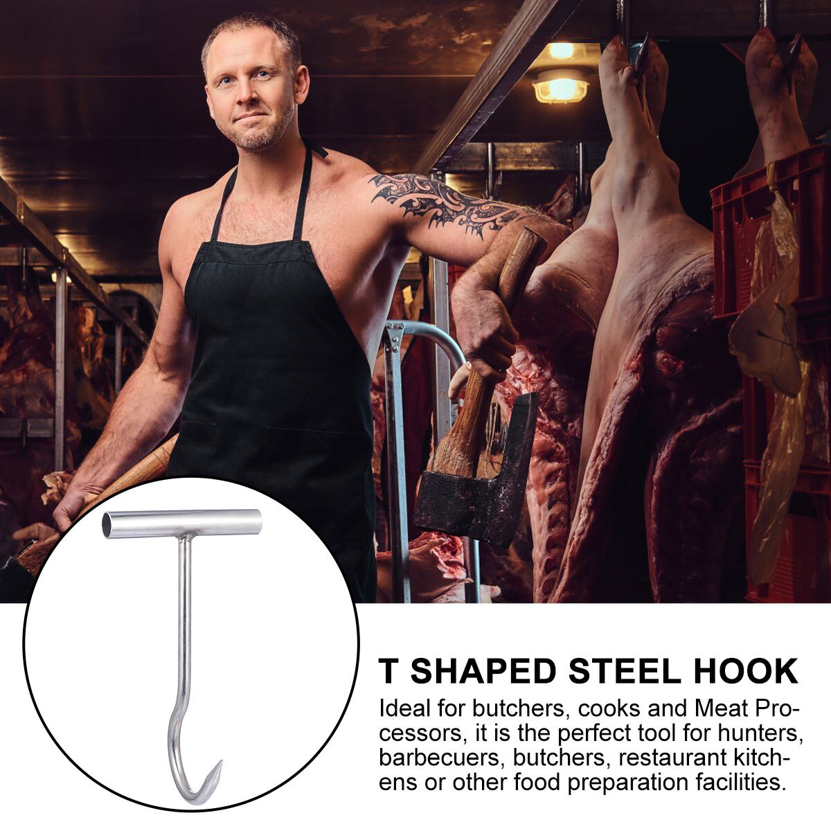 Meat Hooks for Butchering T Shaped Steel Hook with Handle Butcher Shop Tool Kit
