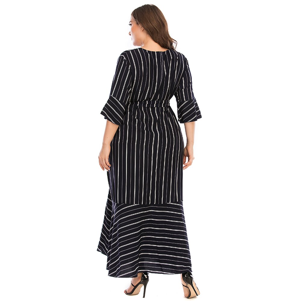 Plus koko -nainen mekko syksyn leimahdus kolme neljäsosaa hihat raidallinen printti rento mekko vyö tilkkutäkki maxi pitkät mekot
