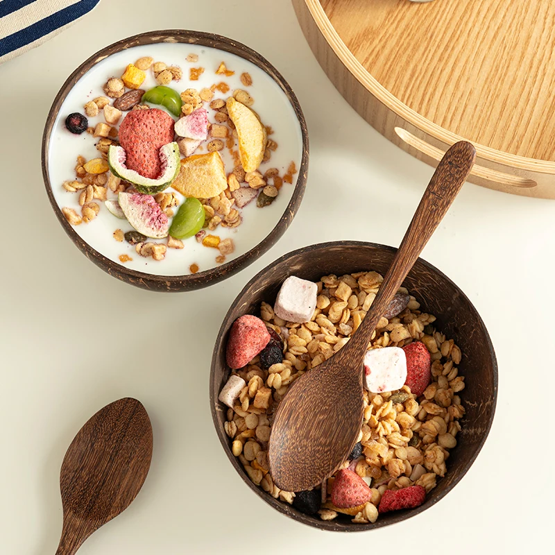 Cuenco de coco Natural para cena, vajilla de madera hecha a mano, cuchara de madera para postre, ensalada de frutas, mezcla de arroz, Ramen, 550/400/300Ml