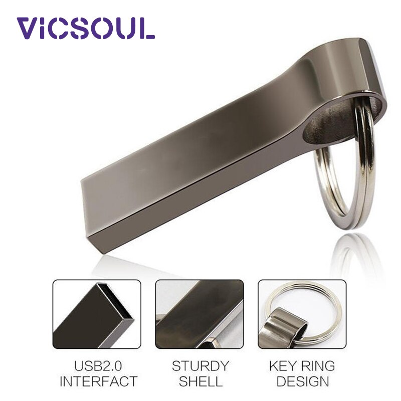 VicSoul USB Flash Drive Metalen Sleutelhanger Vormige USB Stick Memory Stick stick 16G 32G 64G 128G Pen Drive USB 2.0 Sliver