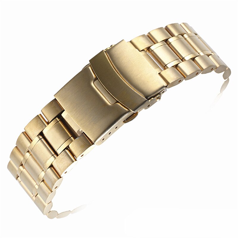 Bracelet de montre solide en acier inoxydable 18/20/22/24, avec extrémité en Arc, boucle pliable, pour assurance, remplacement universel: Straight end Gold / 20mm