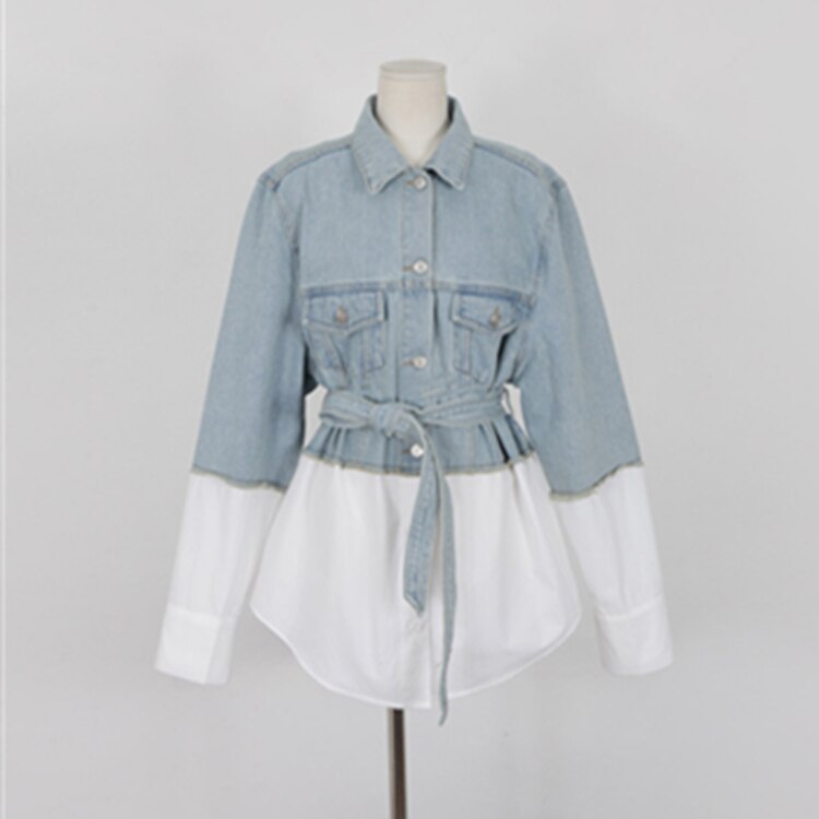 Colorfaith Autumn Winter Women's Denim Jackets Patchwork Sashes Lace Up Outerwear High Street Fashionable Jeans JK7064