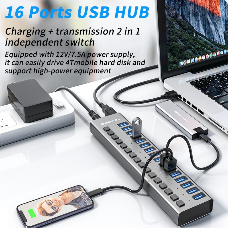 Acasis Multi-Ports Powered USB 3.0 HUB USB Extension with On/Off Switches 15V Adapter Support Splitter Computer Accessories