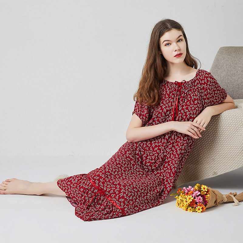 Lente Viscose Nachthemden Vrouwen Korte Mouw Bloemen Nachthemd Sleepshirt Ademende Zomer Thuis Jurk Gown Sleepdress Homewear