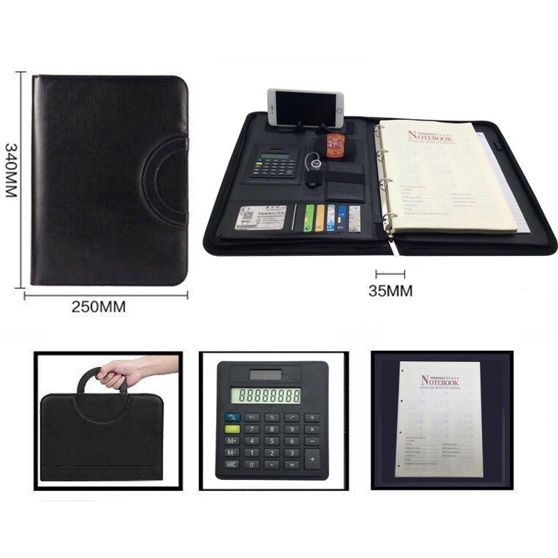 File Folder A4 Fichario Ring Binder Case for Document Organizer Office Manager Padfolio File Cabinet Holder Zipper Briefcase Bag: Black