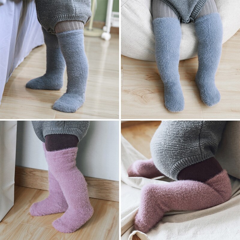 Coral Fleece Warm Baby Socks Winter Thick Warmer Kids Long Socks Solid Color Children Boys Girls Knee High Socks Christmas