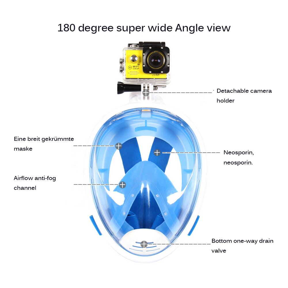 Full Face Snorkel Mask - Camera Mount - Anti-Fog - Safety Diving Swim Mask