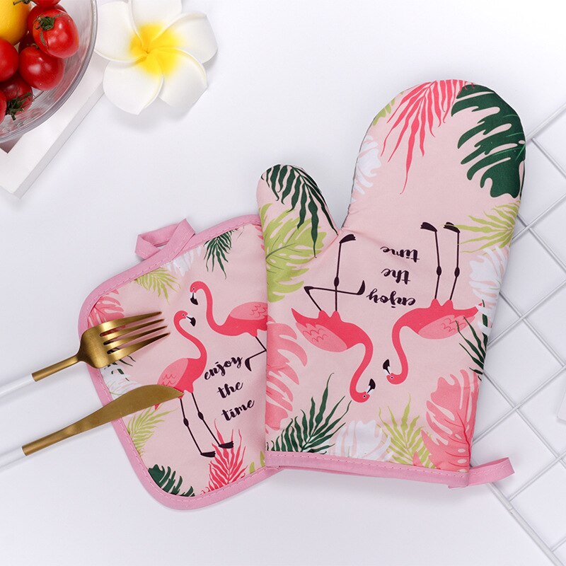 2PCS 1 Set Cotton Flamingo Kitchen Pad Cooking Microwave Baking BBQ Oven Potholders Oven Mitts Kitchen Gloves Mitts: Pink