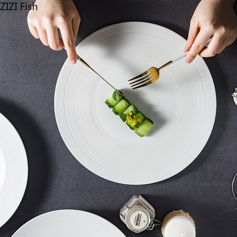 Assiette à dîner en céramique blanche, plats exquis de décoration, assiette à Steak et à Dessert, vaisselle ronde de cuisine pour la maison
